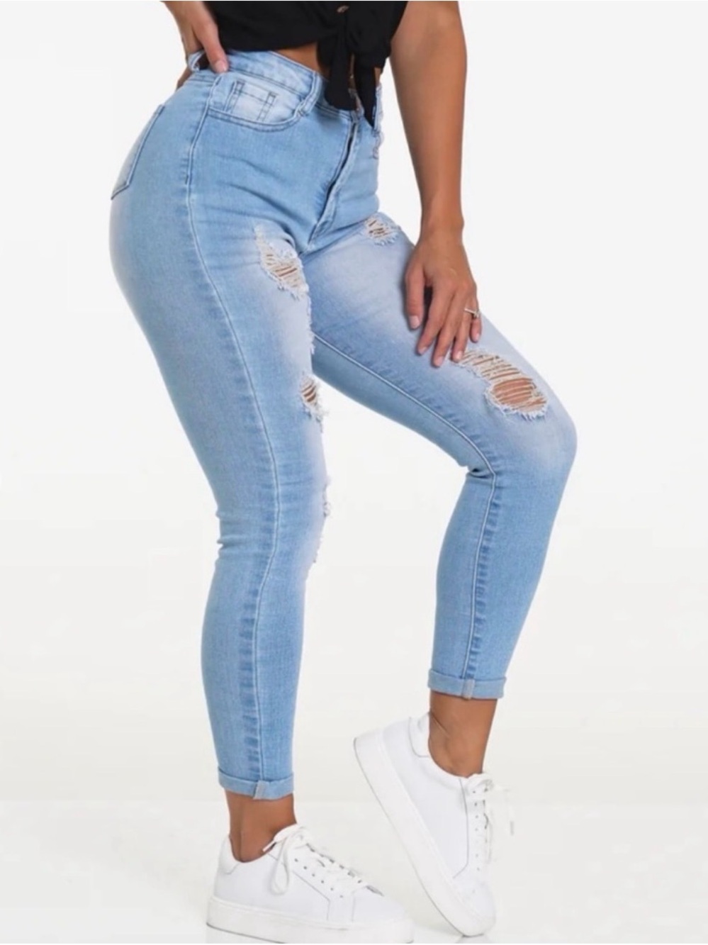 Light Blue High-Waist Distressed Women's Jeans